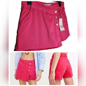 NWT Zara Hot Pink Denim Asymmetrical Skort Wrap Front Size Medium